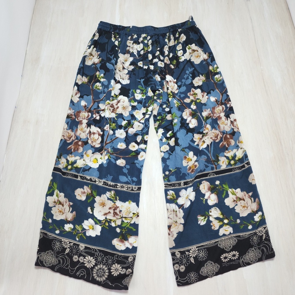 Signals Women Blue Floral Cherry Blossom Wide Leg Drawstring Pants Size XL